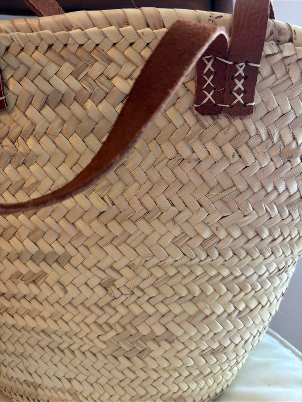 Irregular Woven Straw Tote Bag with Brown Leather Handles "N” - Picture 4 of 4
